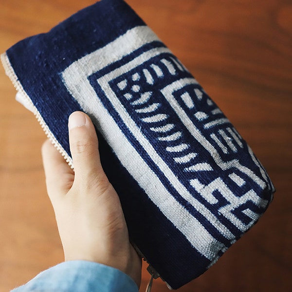 Cosmetic Bag, Makeup Pouch, Wristlet, Sundries Bag,Rare Handmade Indigo Block Dyeing, Living Heritage of Handicraft