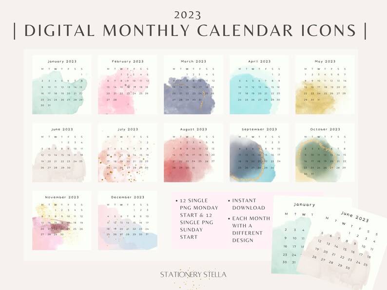 Digital Monthly Calendar PNG 2023 iPad Stickers Transparent Etsy