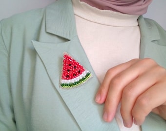 Handgefertigte Wassermelonen Brosche, Free Palestine, Watermelon Moonshine, Palästina Symbol, Perlen rote Wassermelone, gesticktes Abzeichen, Palästina Pin