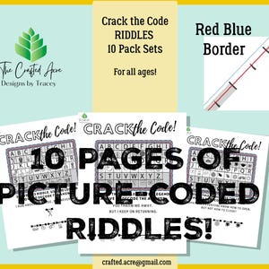 Printable Crack the Code 10 Riddle Puzzle Pack, DIY Printable Game, Solve Riddles in Picture Codes and Have Fun! Red&Blue Border