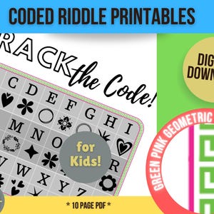 Riddle Puzzle Printables for Kids, Coded with a Picture-based Legend.  DIY Printable Riddle Puzzles, Solve Riddle Answers. GreenPinkGeo Set