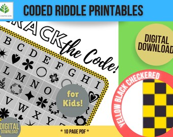 Riddle Puzzle Printables for Kids, Coded with a Picture-based Legend.  DIY Printable Riddle Puzzles, Solve Riddle Answers. YellBlkCheck Set