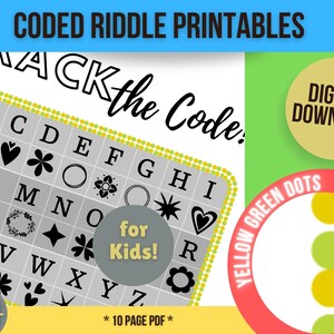 Riddle Puzzle Printables for Kids, Coded with a Picture-based Legend.  DIY Printable Riddle Puzzles, Solve Riddle Answers. GreenYellowDotSet