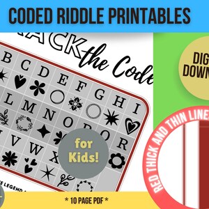 Riddle Puzzle Printables for Kids, Coded with a Picture-based Legend.  DIY Printable Riddle Puzzles, Solve Riddle Answers.  RedThickThinSet
