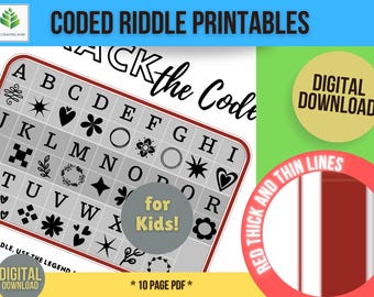 Riddle Puzzle Printables for Kids, Coded with a Picture-based Legend.  DIY Printable Riddle Puzzles, Solve Riddle Answers.  RedThickThinSet