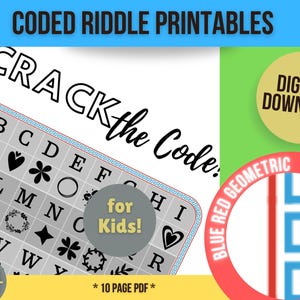 Riddle Puzzle Printables for Kids, Coded with a Picture-based Legend.  DIY Printable Riddle Puzzles, Solve Riddle Answers. BlueRedGeo Set