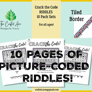 Printable Crack the Code 10 Riddle Puzzle Pack, DIY Printable Game, Solve Riddles in Picture Codes and Have Fun! Tiled Border