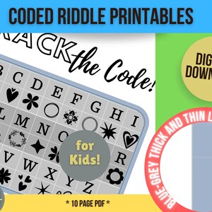 Riddle Puzzle Printables for Kids, Coded with a Picture-based Legend.  DIY Printable Riddle Puzzles, Solve Riddle Answers.  BlueGreyLine Set