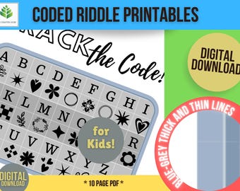 Riddle Puzzle Printables for Kids, Coded with a Picture-based Legend.  DIY Printable Riddle Puzzles, Solve Riddle Answers.  BlueGreyLine Set