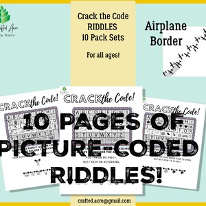 Printable Crack the Code 10 Riddle Puzzle Pack, DIY Printable Game, Solve Riddles in Picture Codes and Have Fun! Airplane Border