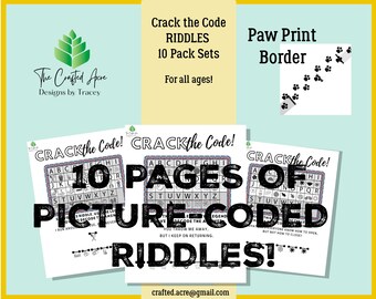 Crack the Code Riddle Puzzle Pack, Picture Coded Riddles, Paw Print Border (DIY Printable)