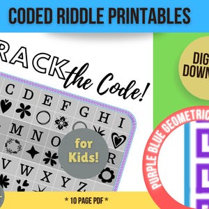 Riddle Puzzle Printables for Kids, Coded with a Picture-based Legend.  DIY Printable Riddle Puzzles, Solve Riddle Answers. PurpleBlueGeo Set