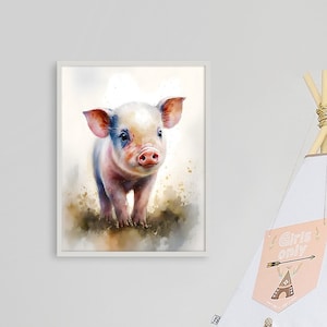 Watercolor Baby Pig Nursery Wall Art | Minimalist Art | Simple Watercolor Painting