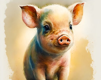 Pig Painting | Pig Oil Painting | Pig Wall Hanging Poster | Farm Animal Prints for Nursery | Baby Pig Jpg File | Digital Paper Craft
