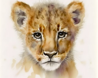 Bébé Lion Cub imprimable | Décor de pépinière de lion | Impression numérique animaux Safari | Art mural numérique Lion aquarelle | Cadeau d'amoureux de bébé lion