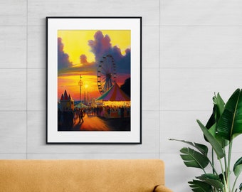 Printable Art &quot;Ferris Wheel Dreams&quot; Oil Painting Wall Art - Sundown Serenity-Coastal Decor-Instant Download - Digital Download - Home Decor