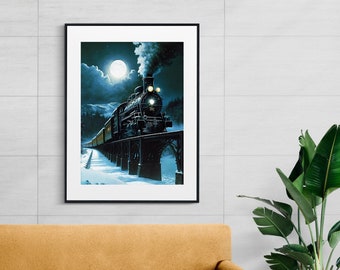 Polar Express Train | Steam Locomotive Prints | Train Passing Over Bridge | Canvas Night Train Printables | Digital Printable Wall Art