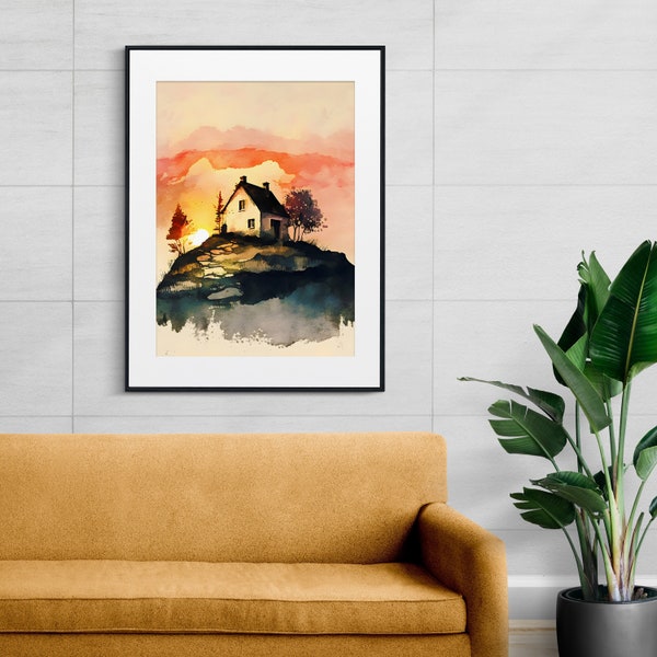 Printable Art  "Cabin Retreat" Watercolor Painting-Digital Download of Watercolor Painting with Hilltop Cabin and Serene Landscape-Wall Art