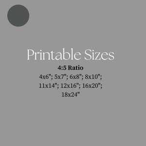 May include: Printable sizes for photos in a 4:5 ratio. The sizes listed are 4x6 inches, 5x7 inches, 6x8 inches, 8x10 inches, 11x14 inches, 12x16 inches, 16x20 inches, and 18x24 inches.