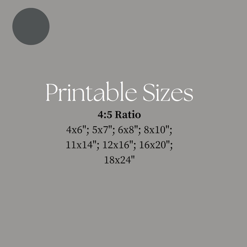 May include: Printable sizes for photos in a 4:5 ratio. The sizes listed are 4x6 inches, 5x7 inches, 6x8 inches, 8x10 inches, 11x14 inches, 12x16 inches, 16x20 inches, and 18x24 inches.
