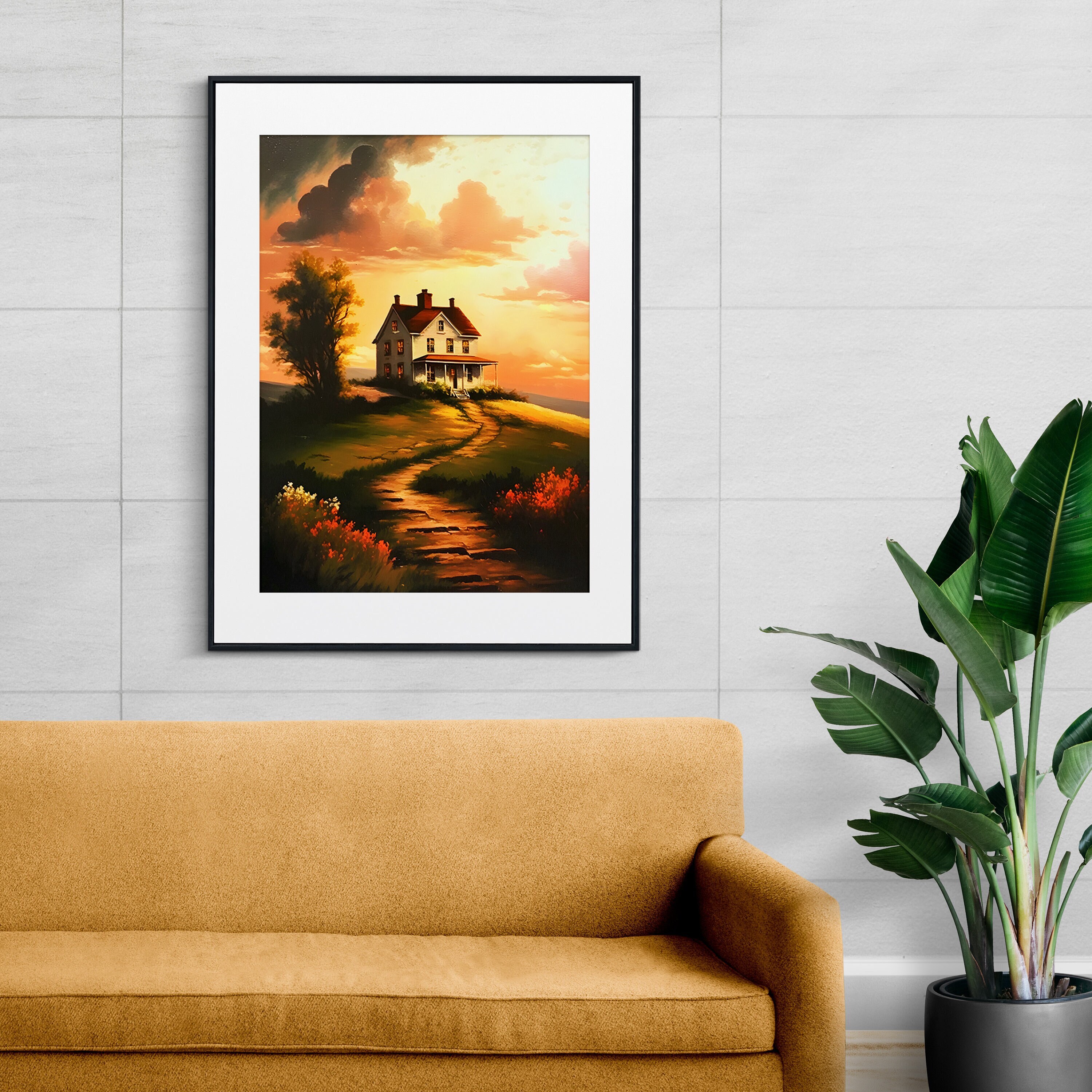 Printable Art "Hillside Retreat" Oil Painting - Digital Download of Oil Painting with Cozy 2-Story Home and Dusk Sky - Instant Wall Art