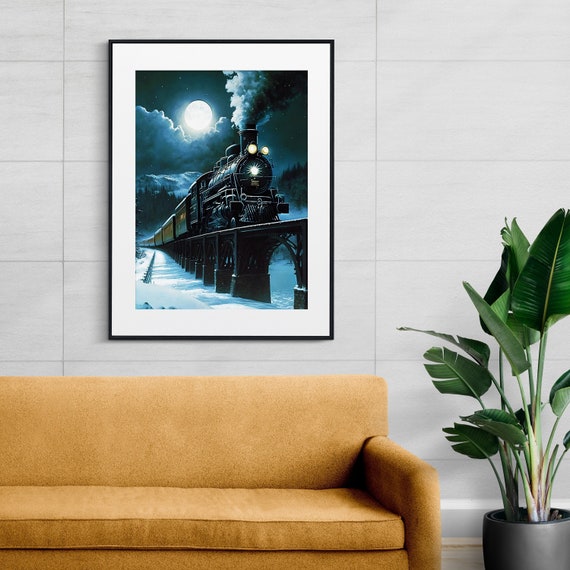 Polar Express Train | Steam Locomotive Prints | Train Passing Over Bridge | Canvas Night Train Printables | Digital Printable Wall Art
