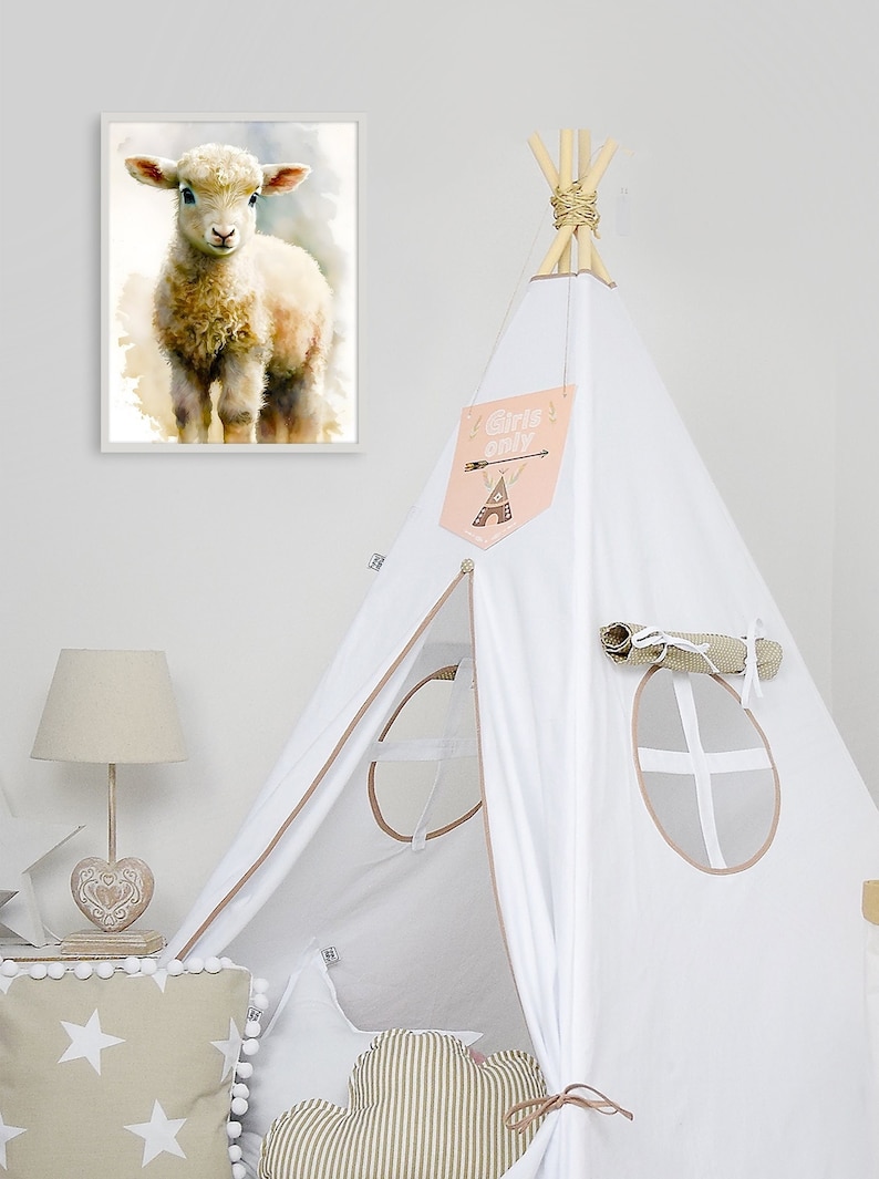 May include: A white teepee tent with a brown trim and a window. The tent is decorated with a pink banner that says "Girls Only". There is a white lamb watercolor painting on the wall behind the tent.