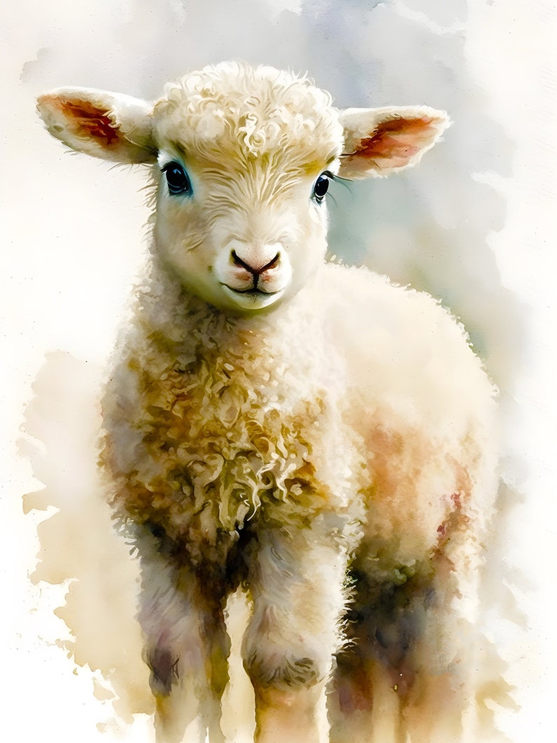 May include: A white lamb with curly fur and blue eyes looks directly at the camera. The lamb is standing on a light brown background.