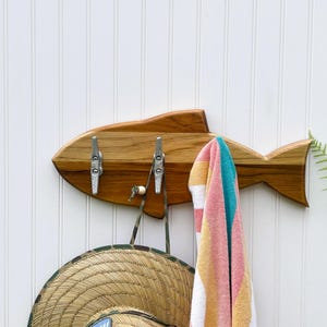 Towel Rack with Hooks | Wall Mount Coat Rack | Coastal Towel Rack for Beach House | Nautical Decor | Beachy Wall Art | Lake & Fish Art