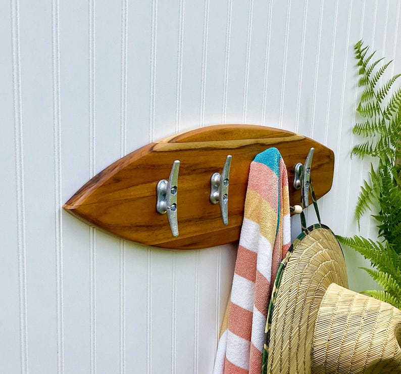 Surfboard Towel Rack With Hooks | Handmade Coastal Decor | Driftwood ...