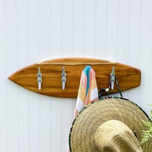 Surfboard Towel Rack with Hooks | Handmade Coastal Decor | Driftwood Surfboard Wall Art | Towel Hook Rack | Coat Rack | Beach House Gift