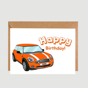 Carte d'anniversaire personnalisée pour voiture Mini Cooper, tous les noms, A5, A6, Carte de voeux faite main, Carte personnalisée, Carte pour enfants