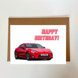 Carte d'anniversaire personnalisée pour voiture Toyota GT86, tous les noms, format A5, A6, carte de voeux faite main, carte personnalisée, carte d'enfant, voiture de sport rouge