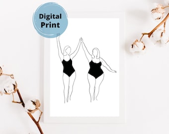 Women Line Art Digital Print, Minimalist Art, Line Art, Friends Wall Art, Wall Decor, Plus Size, Body Positive, Curvy, Empowerment
