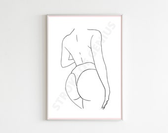 May include: Line art drawing of a person's back and hips in a simple, minimalist style.