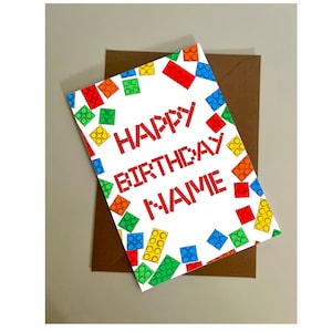 Carte d'anniversaire Lego personnalisée, Briques Lego, N'importe quel nom, A5, A6, Carte de voeux faite main, Carte personnalisée, Multicolore, Rouge, Carte d'enfant