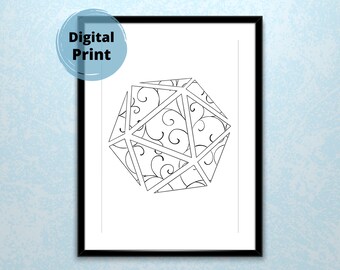 20 sided die, digital Print, Minimalist Art, Line Art, Wall Art, Wall Decor