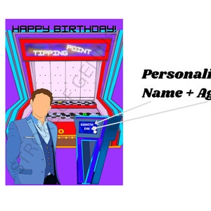 May include: A colorful birthday card featuring a cartoon illustration of a person standing in front of a game show-style tipping point game. The game has a red and blue display with the words "Tipping Point" and "Happy Birthday!" The card is personalized with the name "Gareth" and the age "246".