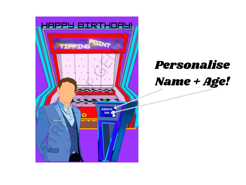 May include: A colorful birthday card featuring a cartoon illustration of a person standing in front of a game show-style tipping point game. The game has a red and blue display with the words "Tipping Point" and "Happy Birthday!" The card is personalized with the name "Gareth" and the age "246".
