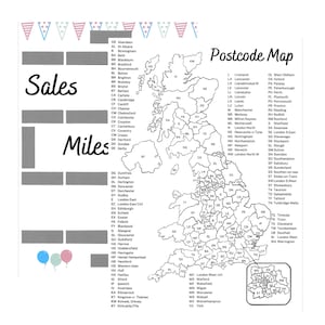 May include: A black and white map of the United Kingdom with postcode abbreviations for each region. The map is titled "Postcode Map".