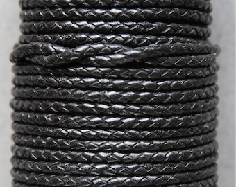 Cordón de cuero bolo trenzado negro de 3 mm, cuero negro para hacer joyas: pulseras, collares