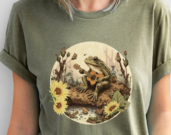 Cottagecore Aesthetic Frog Shirt for Women, Frog Playing a Guitar T-Shirt, Goblincore Short Sleeve Shirt, Gift for Frog Lovers, Froggy Tee