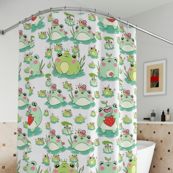 Adorable Kawaii Frog Shower Curtain for a Playful Bathroom Decor, Cute Frog Polyester Shower Curtain, Cottagecore Bath Decor for Frog Lovers
