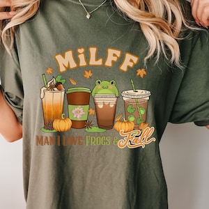 Man I Love Frogs and Fall Retro Comfort Colors® T-Shirt for Women, Funny Retro MILFF Shirt, Frogs and Coffee Oversized Tee for Frog Lovers