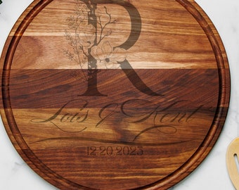 Personalized Round Charcuterie Board with Groove, Floral Monogrammed Wooden Cutting Board, Newly Wed Gift, Gift for Couple, Anniversary Gift