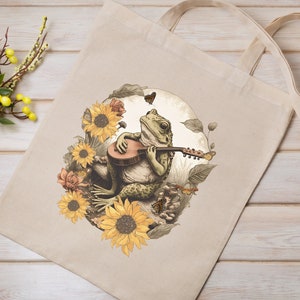 Frog Playing Guitar Tote Bag: Cottagecore Mushroom Design