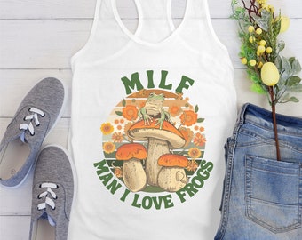 Retro Man I Love Frogs Women&#39;s Racerback Tank Top, Boho Froggy Tank Tee for Women, Cottagecore Shirt for Frog Lovers, Frog Lovers Gift