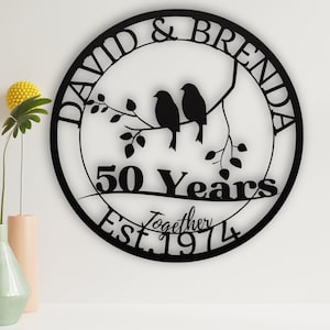 Personalized 50th Anniversary Metal Sign: Golden Lovebirds Wall Art