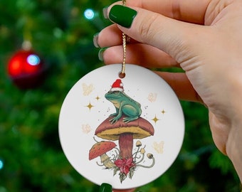 Christmas Frog Ornament, Mushroom Holiday Ornament, Man I Love Frogs Decor, Cottagecore Holiday decoration, Plant Lover Gift, Gardening Gift