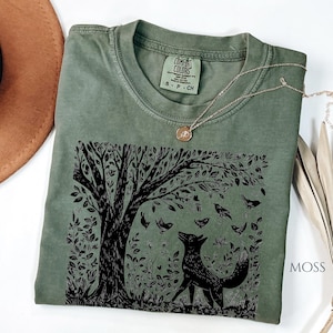Cute Fox in the Forest Comfort Color Shirt, Vintage Folklore Fox Tee, Cottagecore Tee for Nature Lovers, Forestcore Botanical Tee, Wildlife